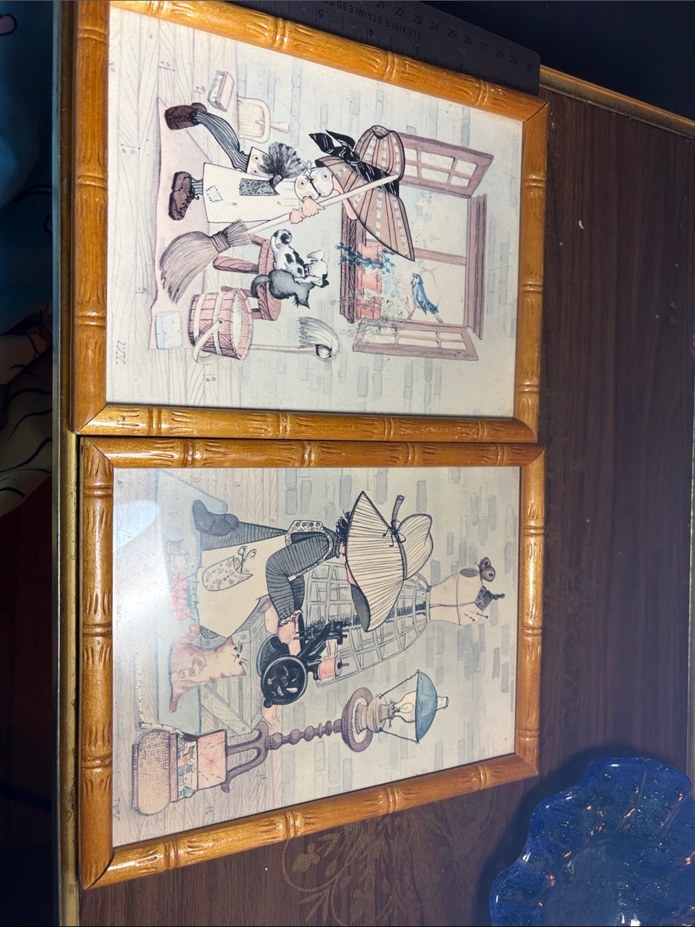 vintage 1970s cottagecore prints in bamboo wood frame